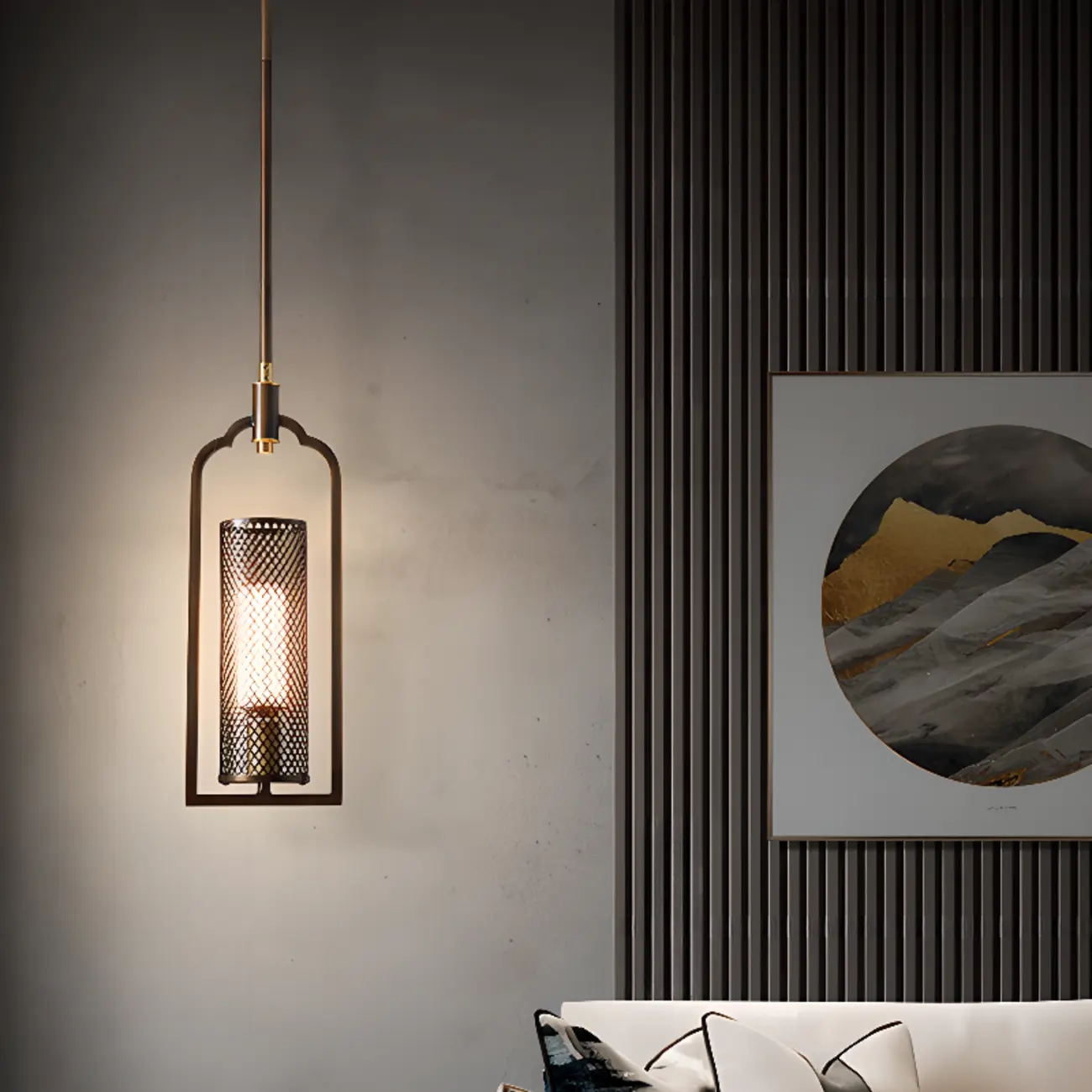 Antique Brass Cylinder Pendant Light with Copper Mesh Shade