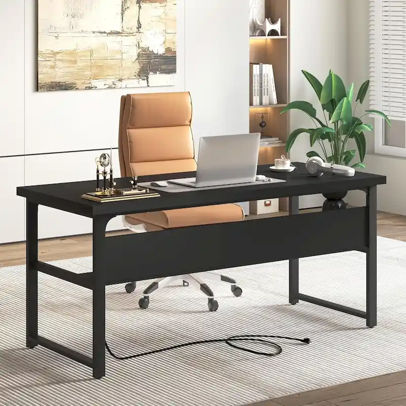 Executive Desk Computer Desk with Extra Thick Tabletop, Simple Office Desk Workstation Study Writing Table with Power Outlets