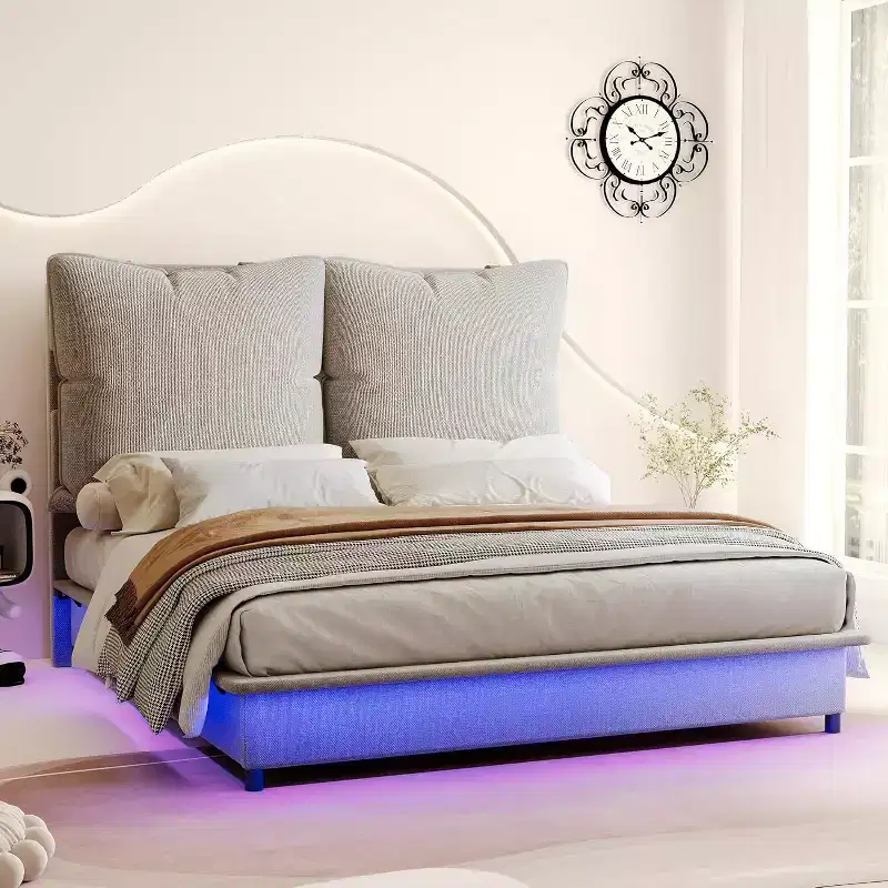 AMERLIFE LED Bed Frame with Headboard and Removable Upholstered Cushions, No Box Spring Needed