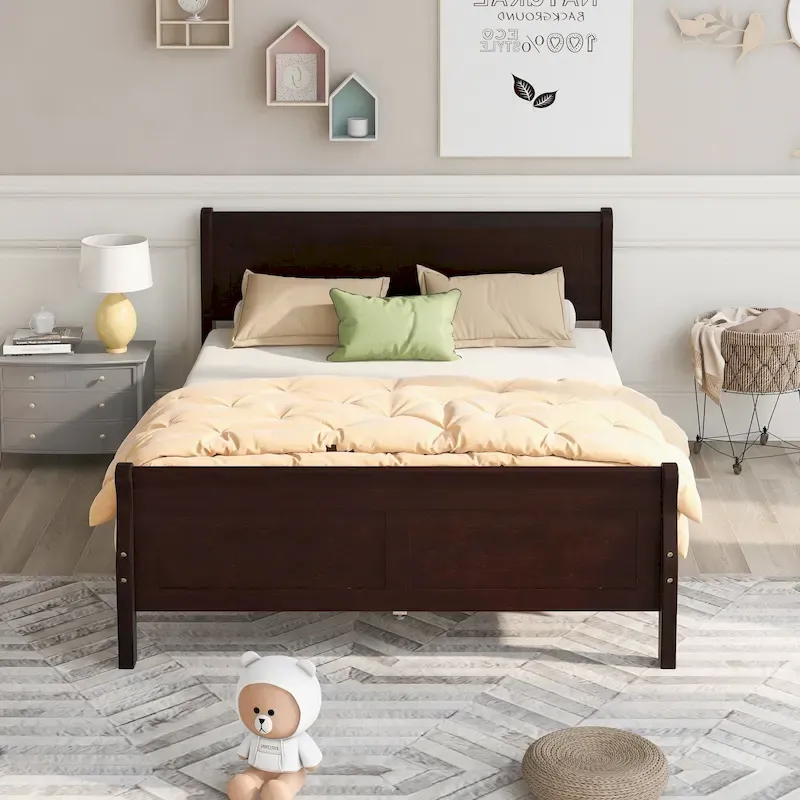 Queen Size Wood Platform Bed with Headboard and Wooden Slat Support, Oak