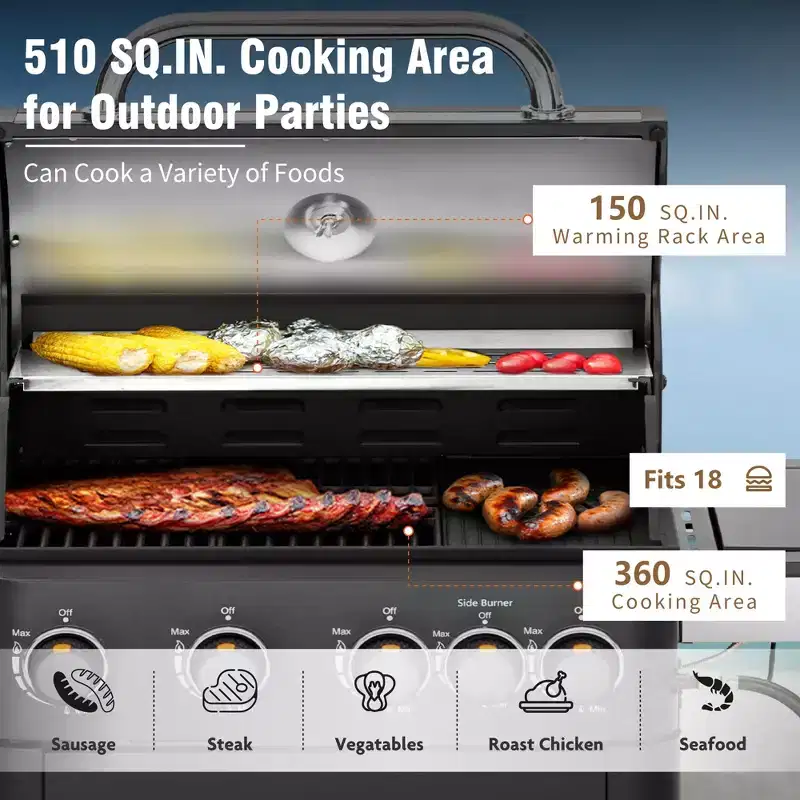 Garden GROTTO 4-Burner Propane BBQ Grill with Side Burner & Porcelain-Enameled Cast Iron Grates - 46,700 BTU
