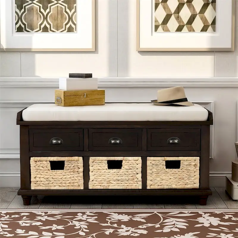 3-Drawer Storage Bench with Rattan Baskets, Espresso/White/Antique Navy, 1-Person
