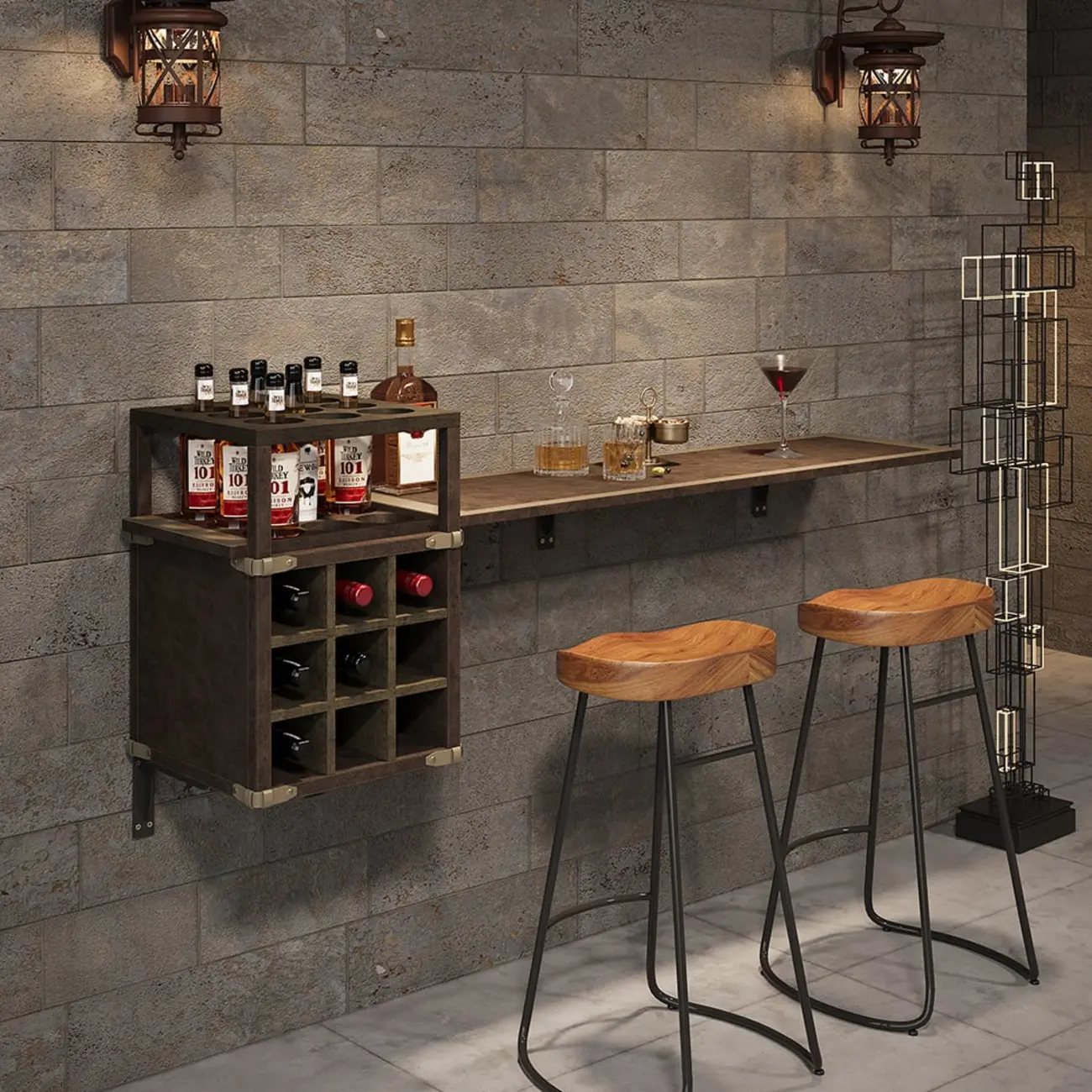 Industrial Wall Mounted Bar Counter with Wine Rack