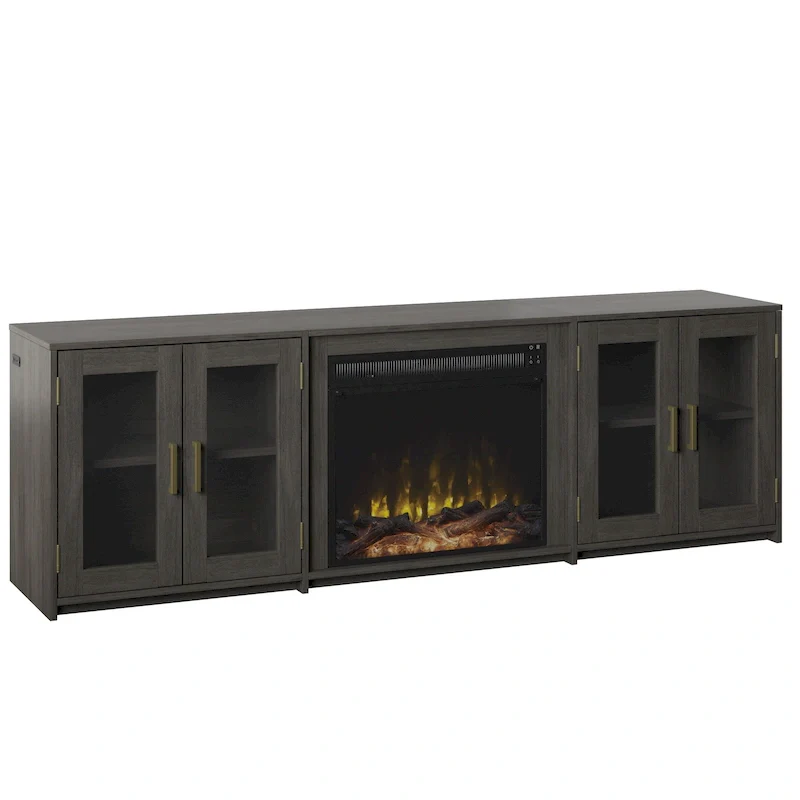 TV Stand for TVs up to 80 with Electric Fireplace and Glass Cabinet Doors