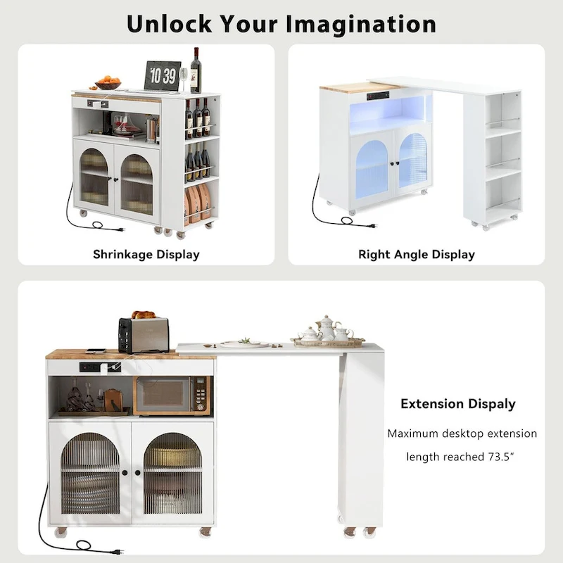 56.3 in. W Kitchen Island with Extended Table, LED Lights and Side 3 Open Shelves