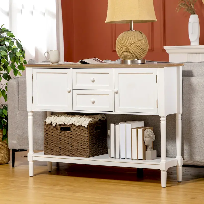 Console Table with Drawers, Vintage Entryway Table with 2 Drawers, Cabinets and Bottom Shelf, White