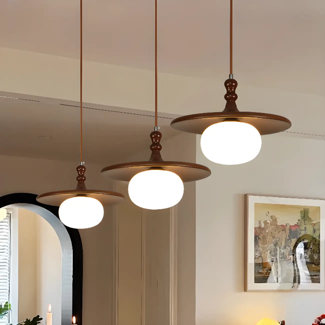 Modern Wood Disc Shape Adjustable Kitchen Island Pendant Light