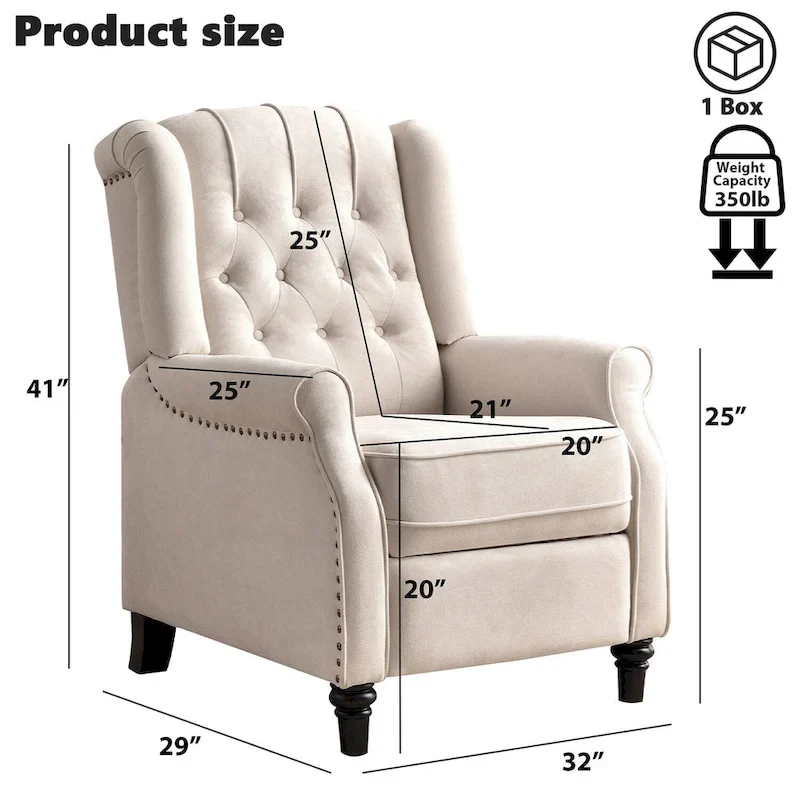 Push Back Recliner with Tufted Back and Wooden Legs
