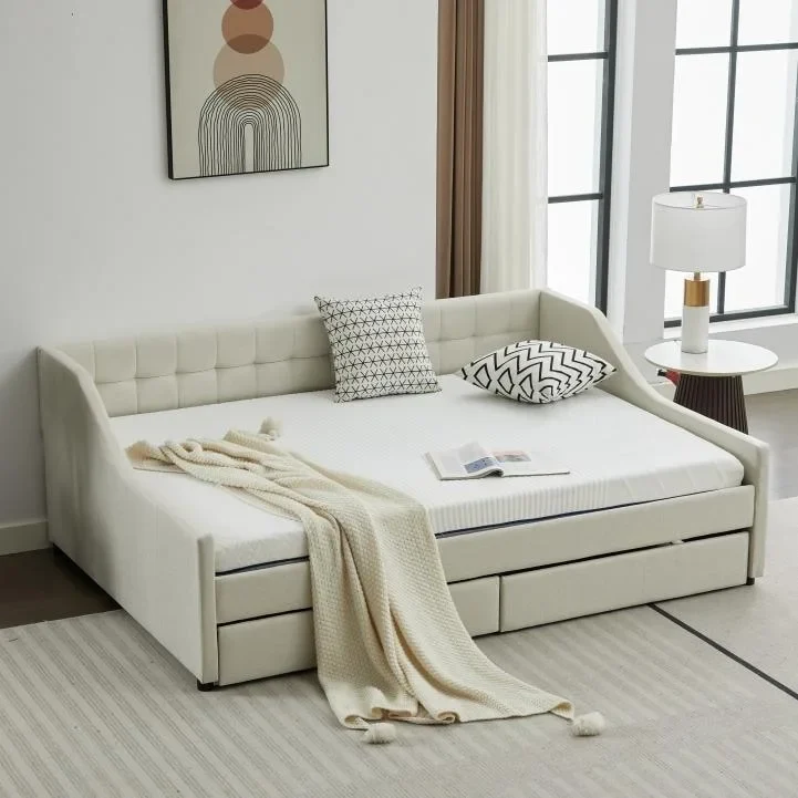 Modern Upholstered Sofa Bed with 2 Drawers and Wooden Frame, Vertical Stripes
