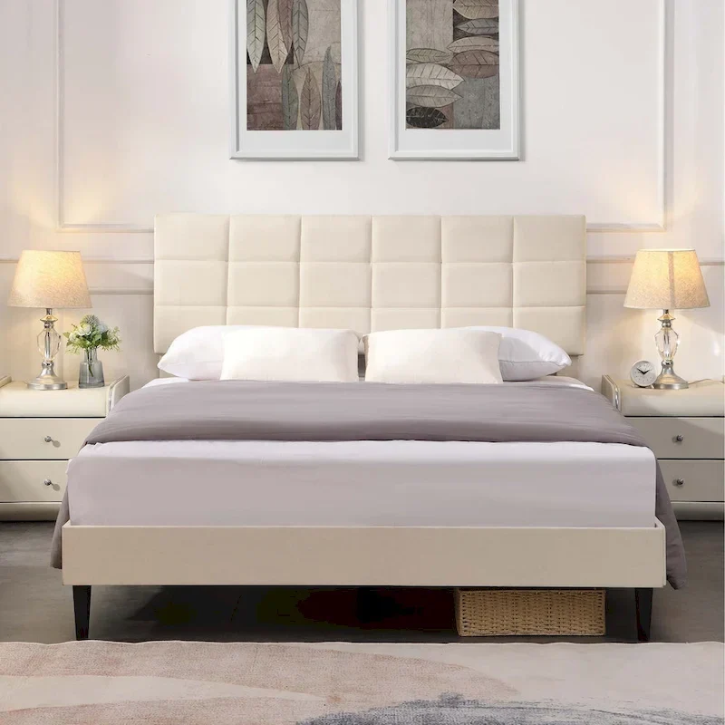 Upholstered Platform Bed, Square Tufted Headboard, Fabric, Modern Style, Beige / Grey, Full / Queen / King, 2 People