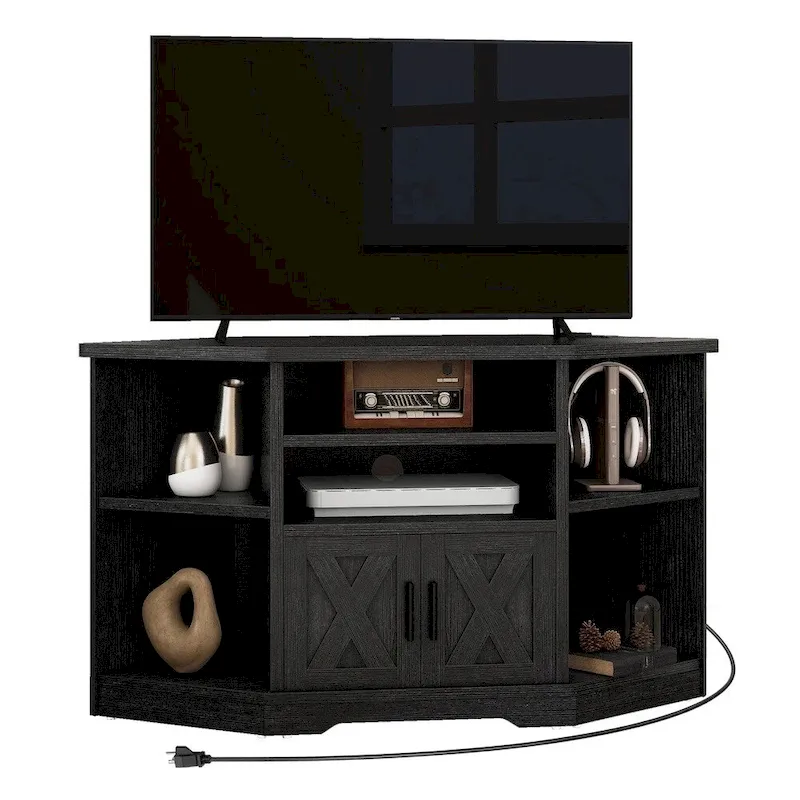 Corner TV Stand, Farmhouse Style, Power Outlet & USB Ports, Barn Door Cabinet, Black, 47 in, 1-Person Use