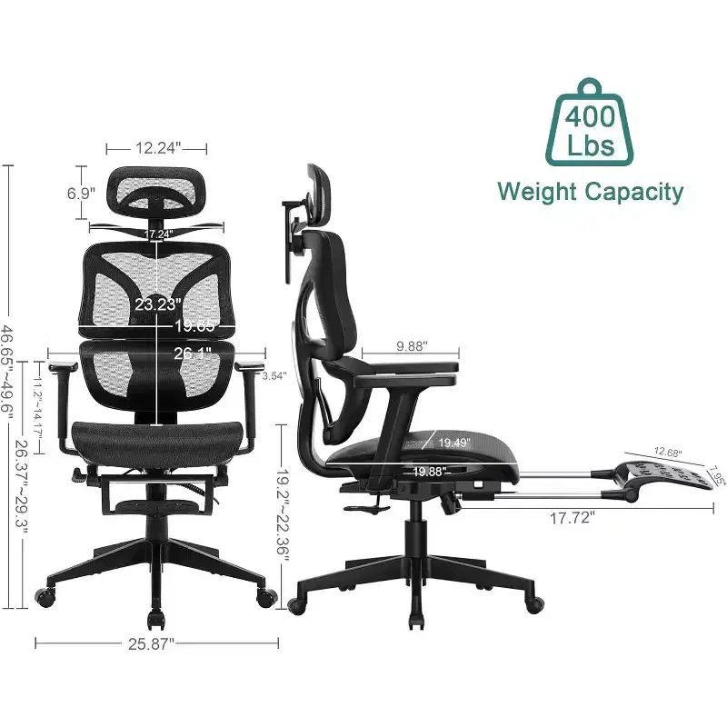 VECELO Swivel Ergonomic High Back Mesh Office Chair with Retractable Footrest, Black