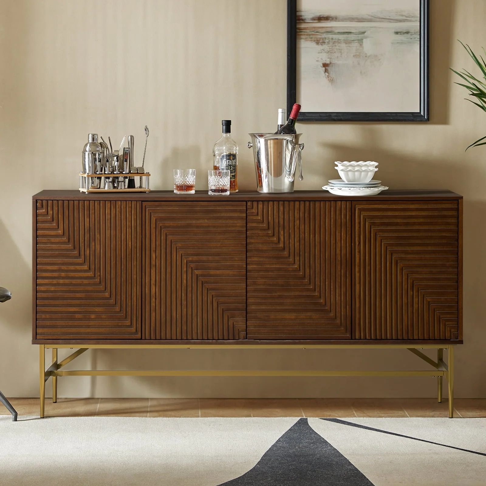 4-Door Sideboard with Geometric Channel Doors, 2 Interior Shelves & Gold Metal Legs | Walnut | Single