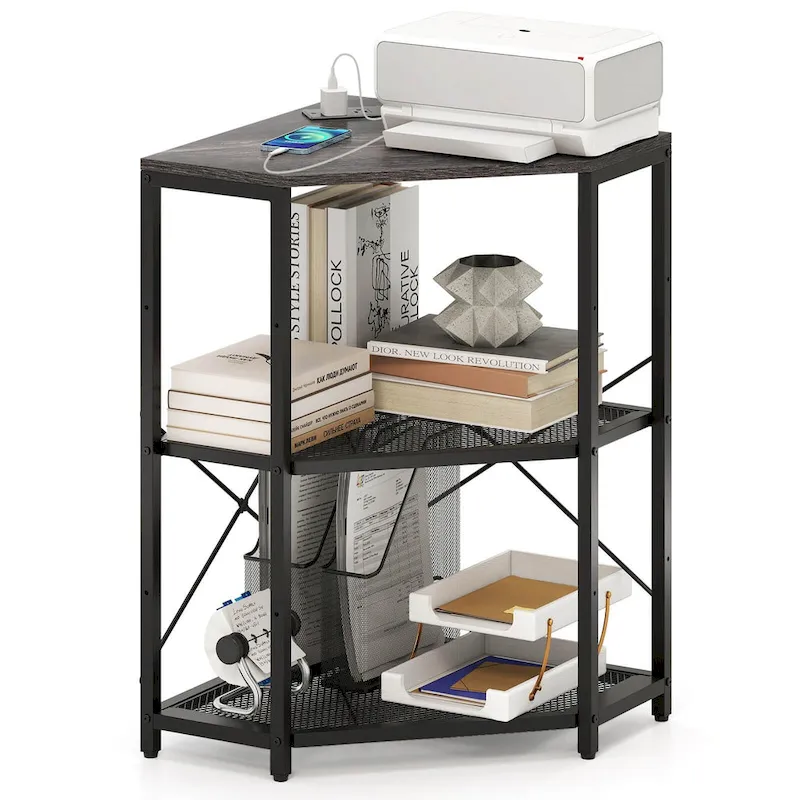 Corner Printer Stand with Charging Station – Black, 20x20x31 in, 70 lbs Tabletop Capacity
