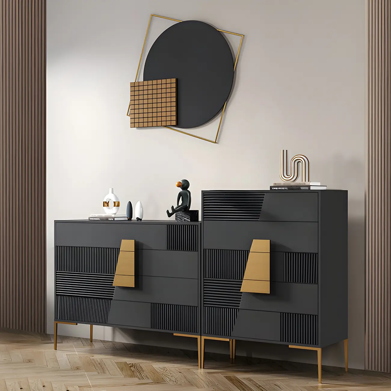 Elegant Wooden Sideboard with Drawers in Green/Grey