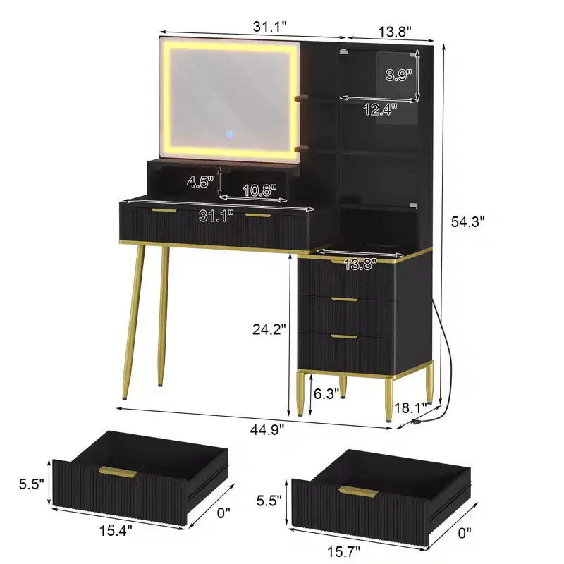 Makeup Vanity Desk with Power Outlet  Modern Glass Top Fluted Vanity, Acrylic Protective Door, 5 Drawers & Shelf  Elegant Dressing Table for Bedroom