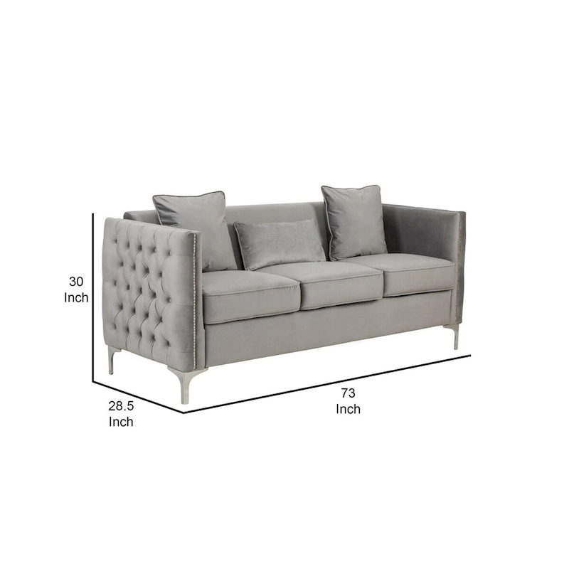 Joel 73 Inch Modern Sofa with 3 Pillows, Tufted Gray Velvet, Silver Legs