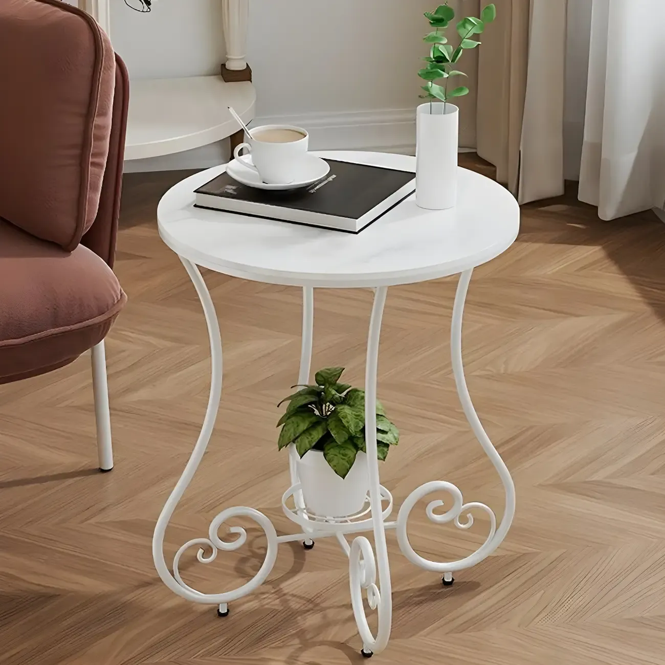 Modern Gloss Finish Steel Marble-Top Round Side Table