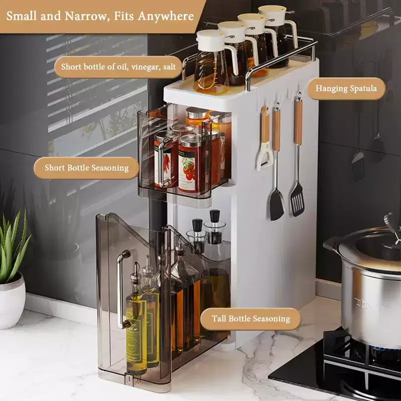 Seasoning Organizer ,Narrow Kitchen Spice Rack with Dust proof Doors & Hooks, Counter topGap Storage