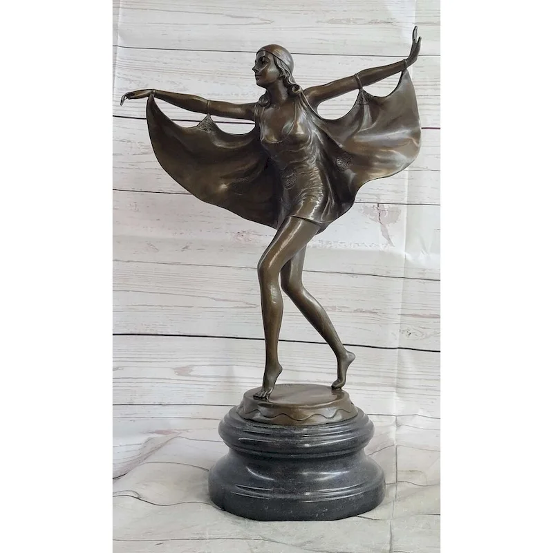 Signed Otto Poertzel Bat Dancer Bronze Sculpture Art Deco Nouveau Marble Figure