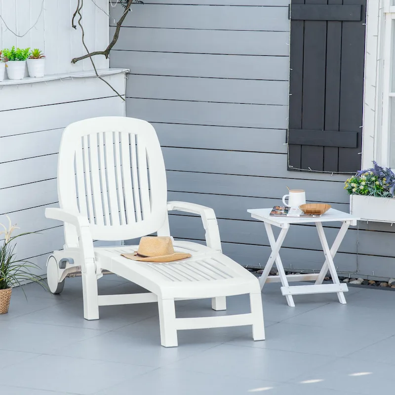 Outsunny Outdoor Folding Chaise Lounge Chair on Wheels, Patio Sun Lounger Recliner with Storage Box & 5-Position Backrest