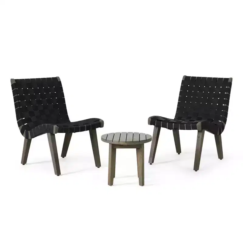 ModernLuxe 3pcs Patio Seating Sets, Outdoor Chat Set with 2 Sunken Rope Chairs, Acacia Wood End Table