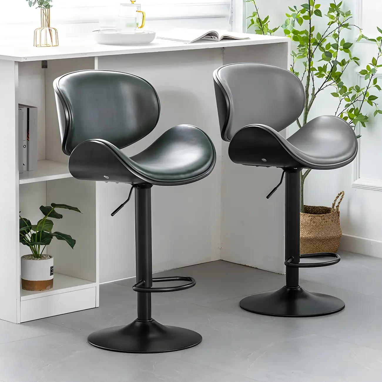 Arched Blackish Green Leather Swivel Adjustable Bar Stool