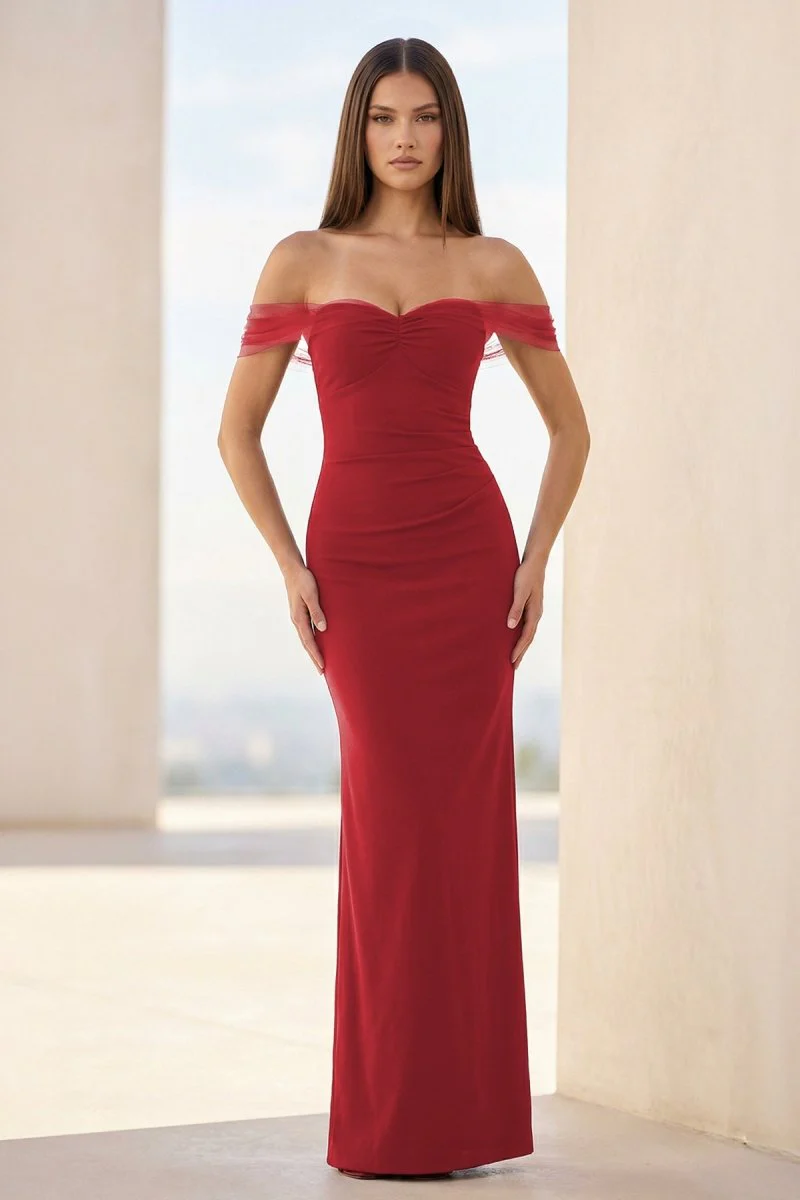 Red - Off The Shoulder Mermaid Satin Long Formal Prom Dresses