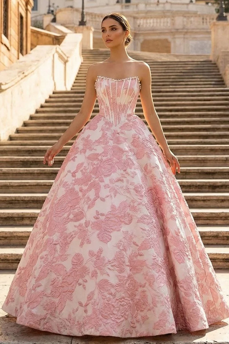 Pink - A Line Strapless Jacquard Long Prom Dresses