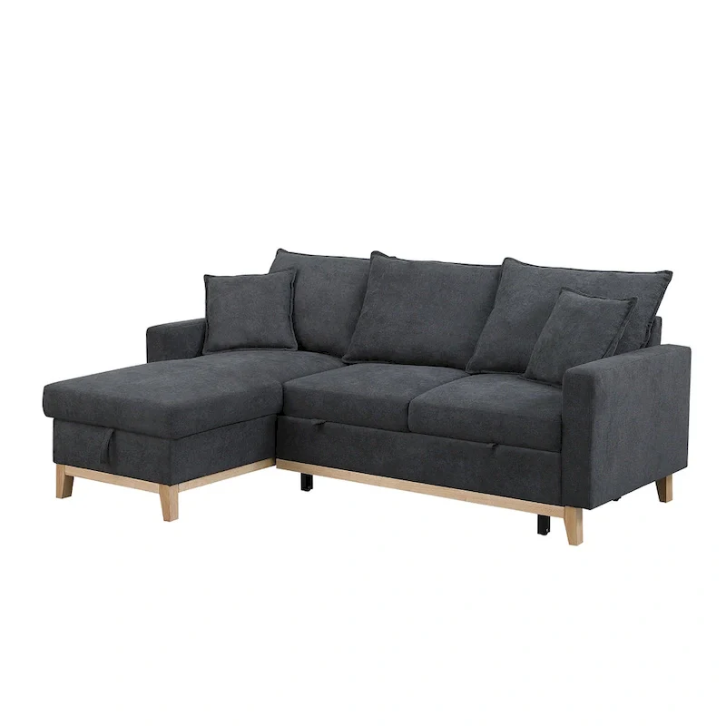 Woven Reversible Sleeper Sectional Sofa with Storage Chaise, Dark Gray