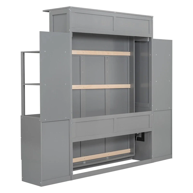 Full Size Wall Bed with Shelves, Drawers and LED Lights