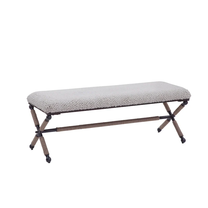 48-Inch Double Bench with Boucle Upholstered Seat and Metal X Base