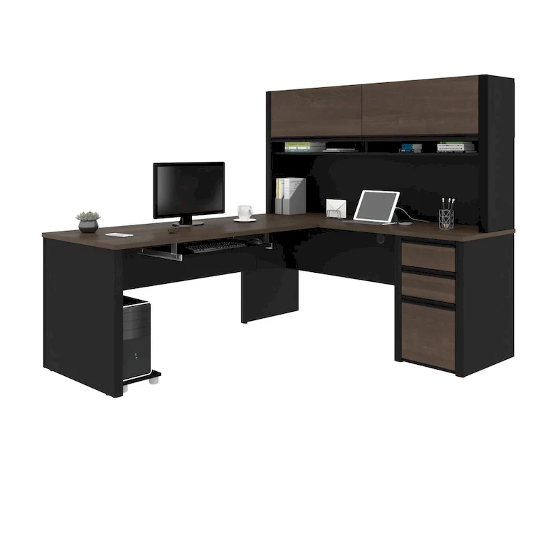 Bestar Connexion 72W L-Shaped Desk with Hutch and Pedestal