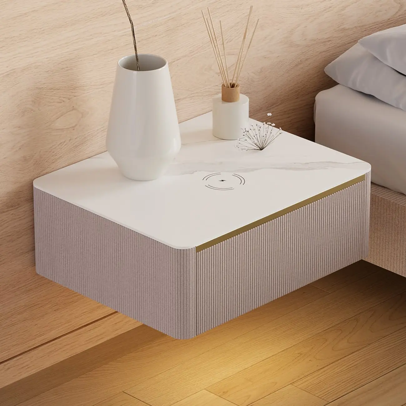 Modern Wood Stone Top Floating Nightstand with Drawer