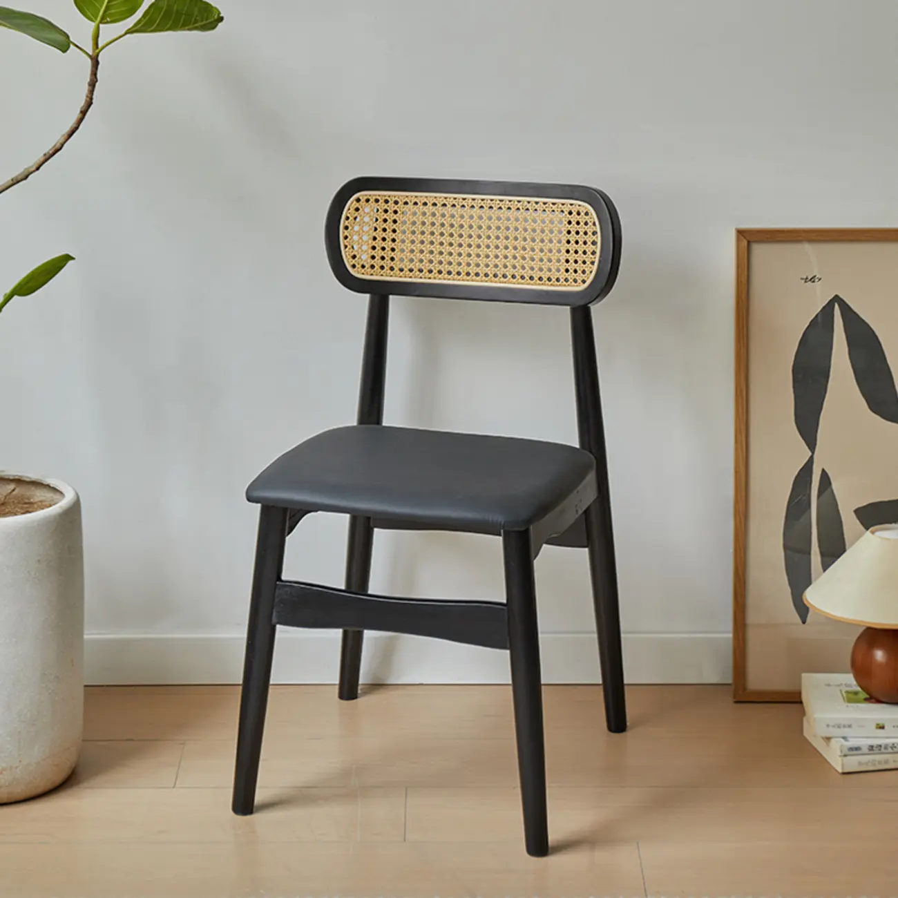 Rustic Black Wooden Armless Dining Chair with Handwoven Back