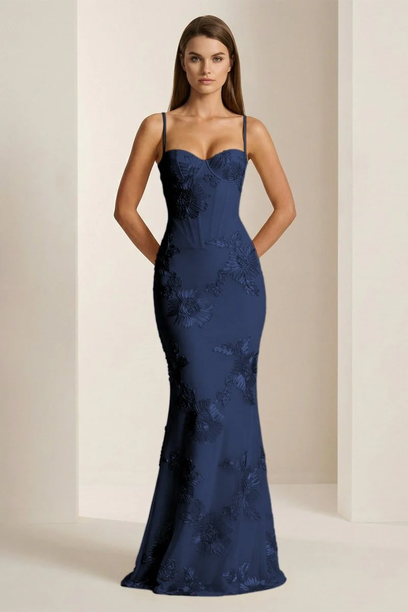 Yellow Spaghetti Straps Sheath Long Prom Dresses With Floral Embroidery