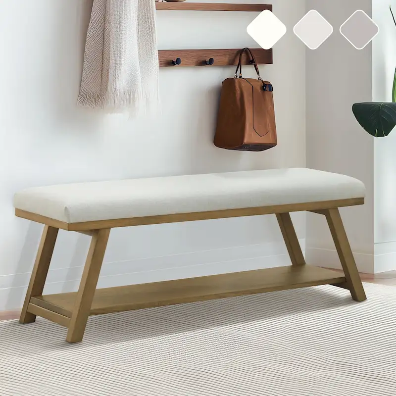 Upholstered Storage Bench with Solid Wood Frame – Beige / Grey / Light Grey