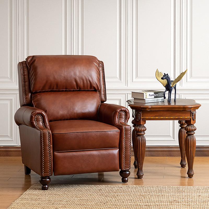 Genuine Leather Manual Push-Back Recliner with Roll Arms, Nailhead Trim, Sinuous Spring Seat & Turned Birch Wood Legs | Brown / Camel / Beige / Black / Navy / Green / Burgundy | Single Seat