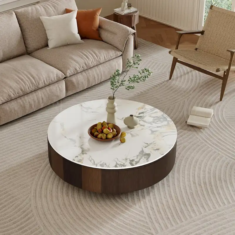 35 Modern Faux Marble Round Coffee Table, White Glossy Sintered Stone Tabletop, Mid Century Table with Solid Wood Drawer