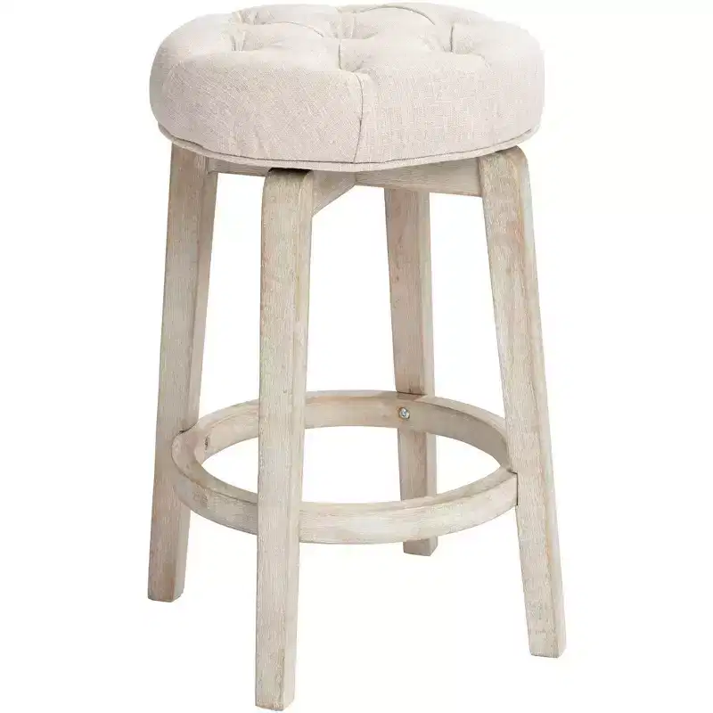 55 Downing Street Shelby White Wood Swivel Bar Stool 26 High Farmhouse Rustic Oatmeal Upholstered Cushion with Footrest for Kitchen Counter Height