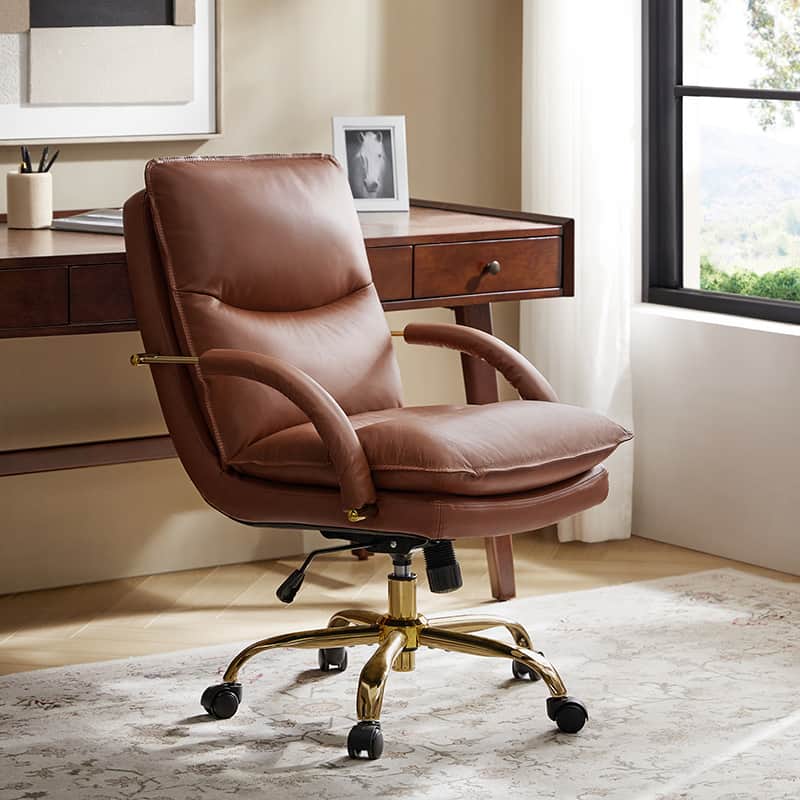 Genuine Leather Tufted Office Chair with Adjustable Height, 360° Swivel & Gold Metal Base | Brown / Camel / Black | Single Seat