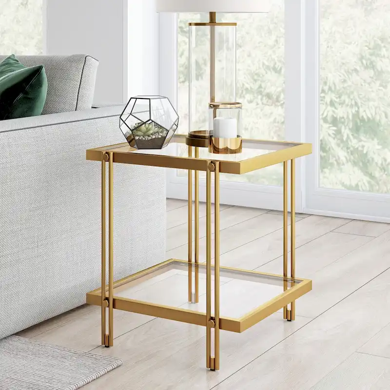 Brass / Blackened Bronze / Brass Walnut Geometric Steel & Glass Side Table – Single