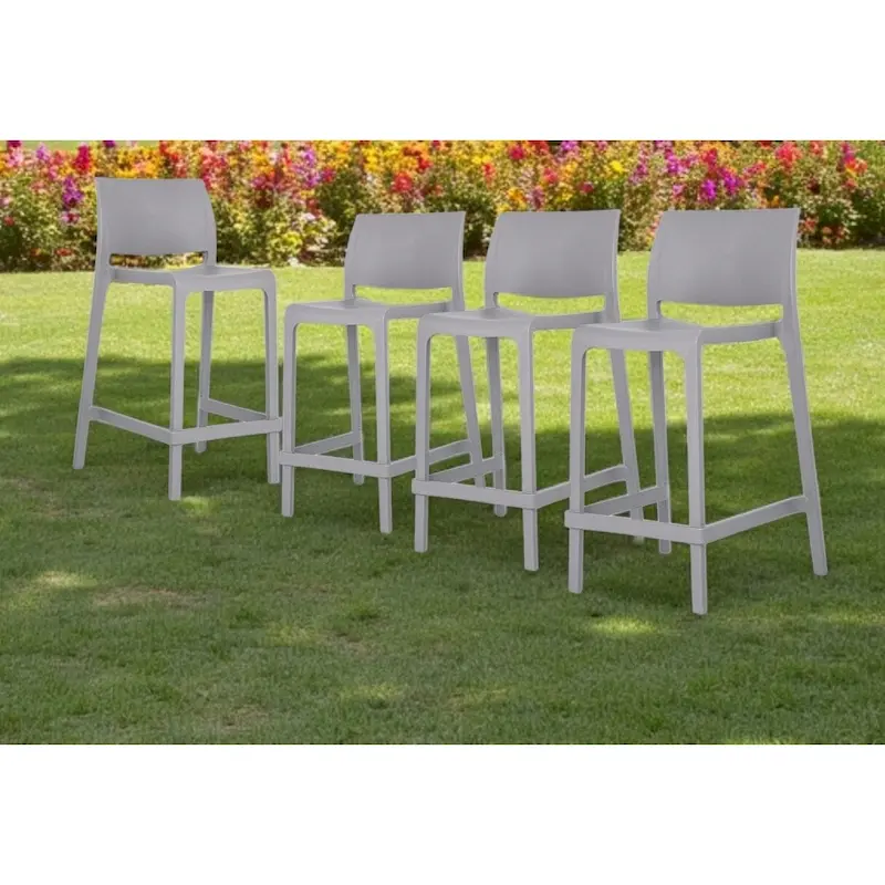 HomeRoots Set of Four 26  Gray Heavy Duty Plastic Low Back Outdoor Counter Height Bar Chairs