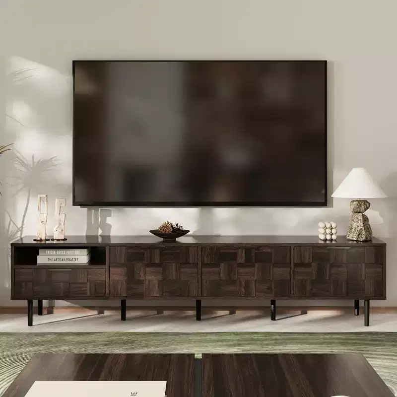 Vintage TV Stand with Drawer for 65+ inch TV, Wood TV Storage Cabinet Table with Doors and Solid Wood Legs for Living Room, Walnut