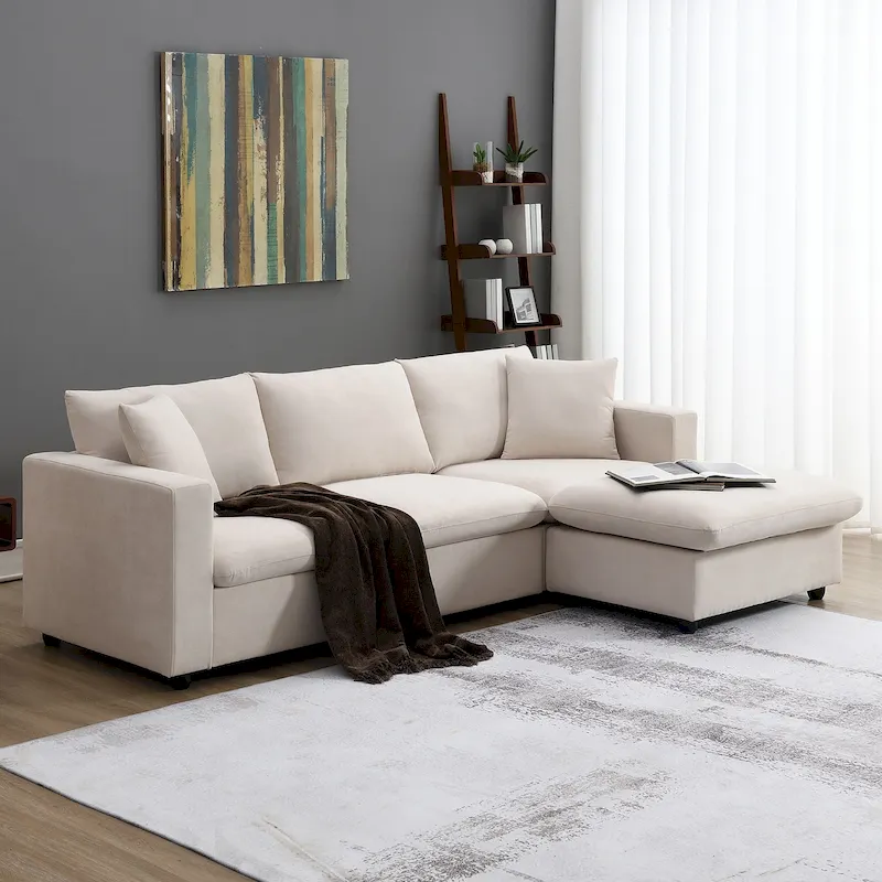 4-Seat Polyester L-Shaped Sectional Sofa with Convertible Ottoman
