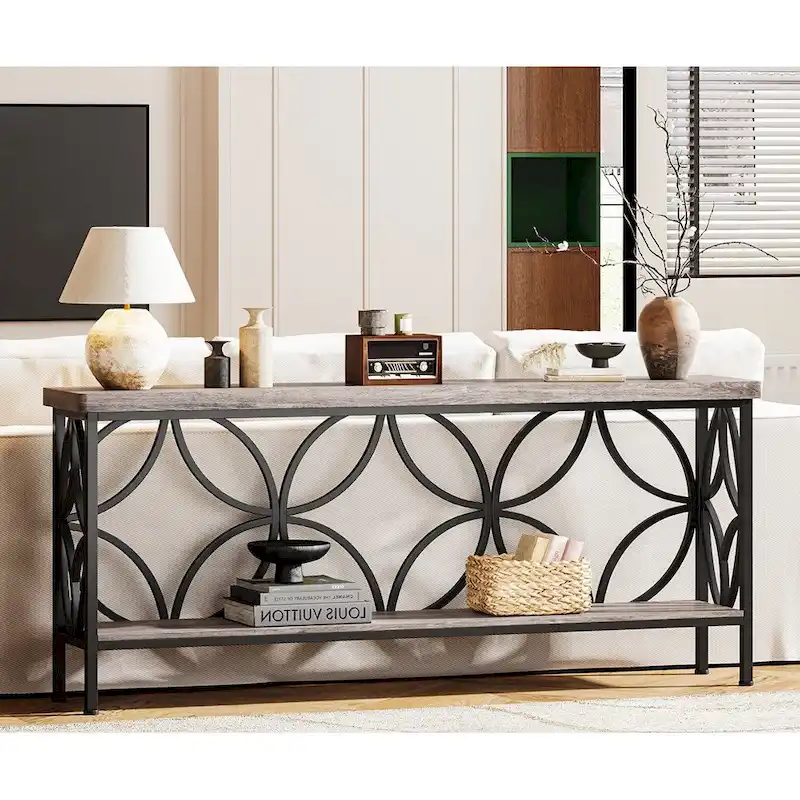 Extra Long Sofa Table with Metal Frame & Rustic Wood Finish - 70.86  L x 11.81  W x 31.88  H