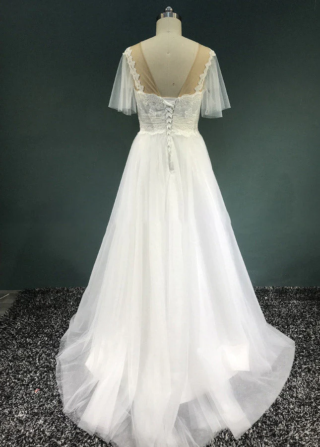 A-Line Short Sleeves Lace-Up Long Tulle Appliques Boho Wedding Bridal Gown