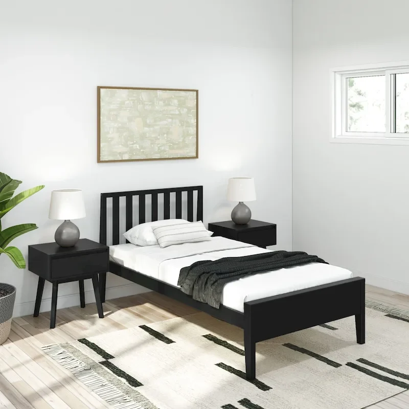 Plank and Beam Scandinavian Twin Size Bed with Slatted Headboard