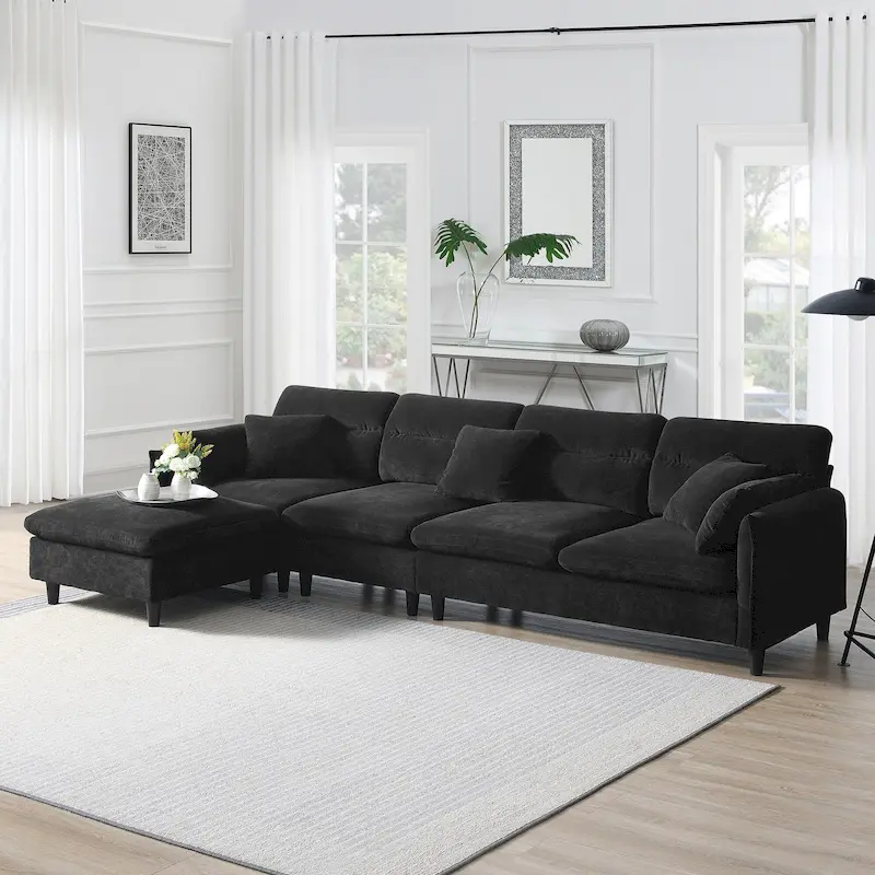 Black / Gray / Beige L-Shaped Sectional Sofa with Ottoman, 4-Seater