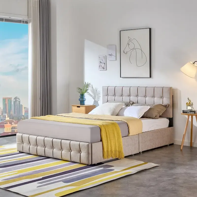 Full Size Platform Bed, Upholstered Headboard, 4 Storage Drawers, 12 Wood Slats, Grey / Beige, 2-Person Use